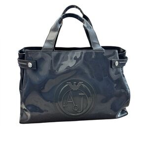 Armani Jeans Tote Blue Gray Patent Leather Large Shoulder Bag w/Bag Charm Silver